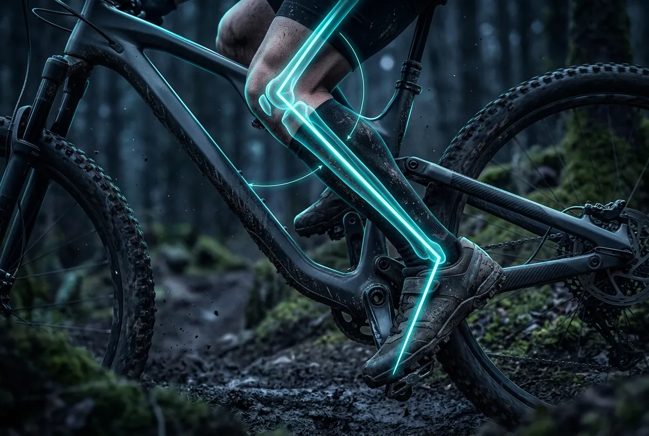 Detalhe da perna de um ciclista pedalando, mostrando o ângulo correto de flexão do joelho quando o pedal está na posição mais baixa, indicando o ajuste ideal da altura do selim.