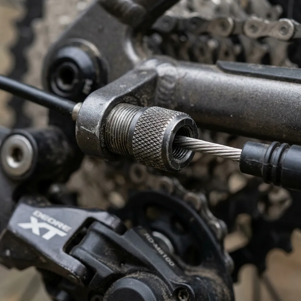 Ajuste fino da tensão do cabo da bicicleta Visão próxima do ajuste fino de tensão no cabo do câmbio traseiro