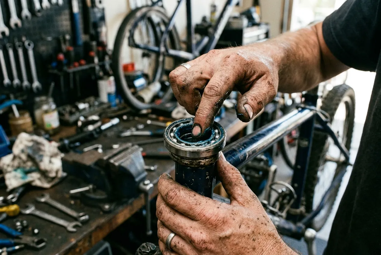 Aplicação manual de graxa nos rolamentos da direção da bicicleta