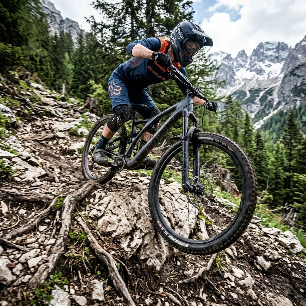Ciclista superando obstáculos com mountain bike aro 29 Ciclista de mountain bike em ação descendo uma trilha muito acidentada, com pedras e raízes, evidenciando como o pneu aro 29 passa facilmente por cima dos obstáculos.