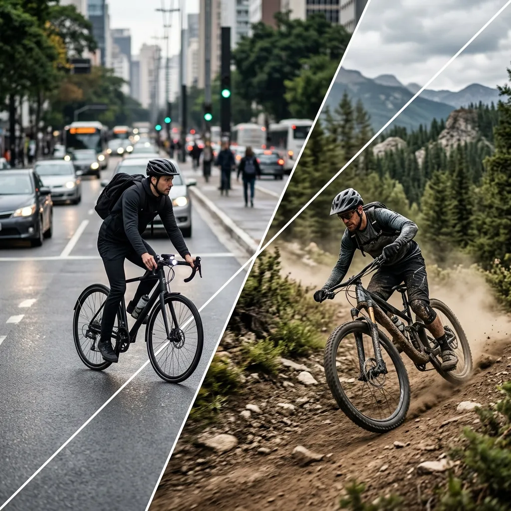 Perfil de uso: Bicicleta no asfalto versus bicicleta na terra Montagem fotográfica criativa mostrando a diferença de uso: de um lado uma bicicleta ágil em ambiente urbano asfaltado e do outro uma mountain bike empoeirada numa estrada de terra.