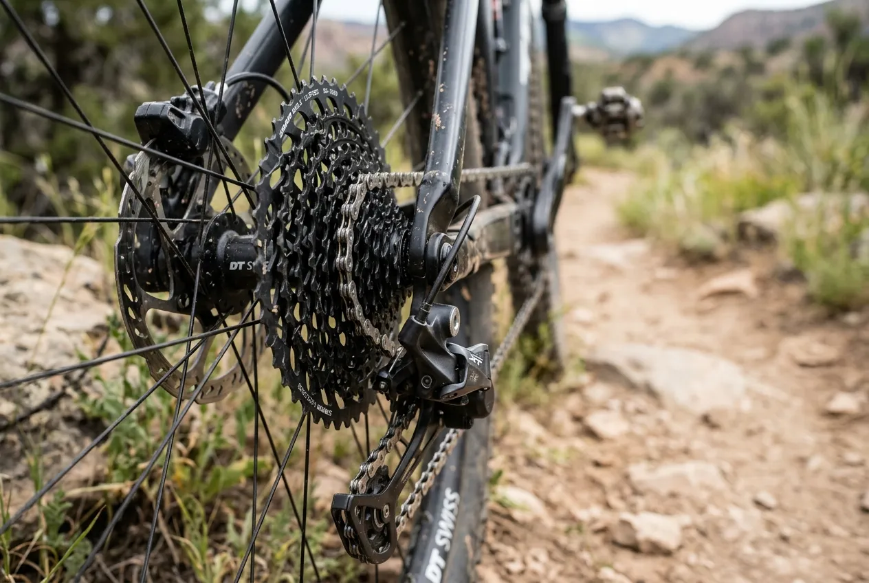 Detalhe do cassete traseiro da bicicleta focado no alinhamento da corrente sobre as engrenagens, essencial para evitar desgastes.