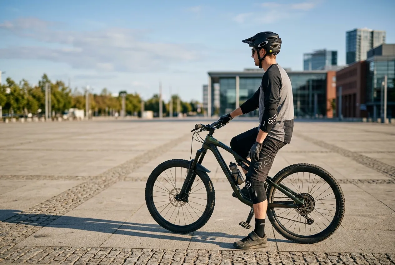 Ciclista de lado usando equipamento de proteção como capacete e joelheiras pronto para dar grau em um espaço aberto.