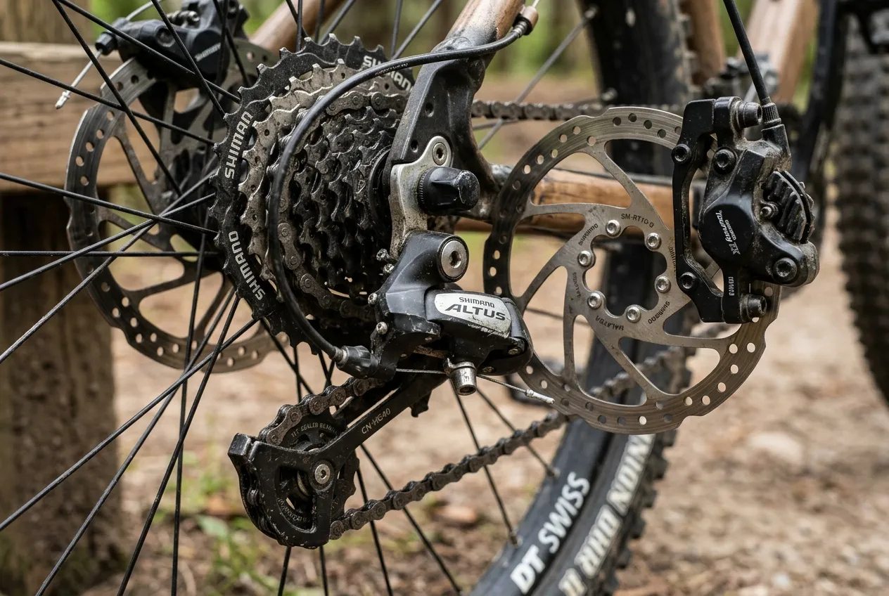 Detalhe do câmbio Shimano e do freio a disco da Colli Toronto