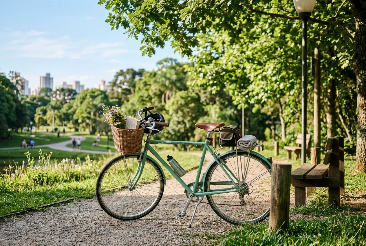 Bicicleta apoiada em um parque urbano calmo