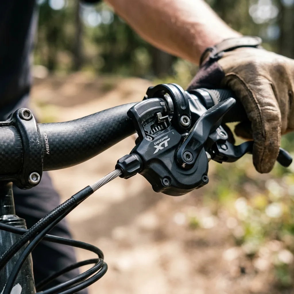 Como funciona o câmbio da bicicleta Detalhe do passador de marcha no guidão e o cabo de aço do câmbio