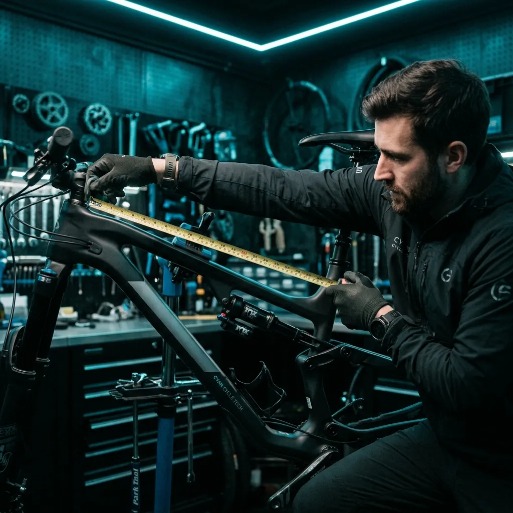 Mecânico ou ciclista com fita métrica medindo o quadro da bicicleta aro 29, demonstrando a importância das medidas.