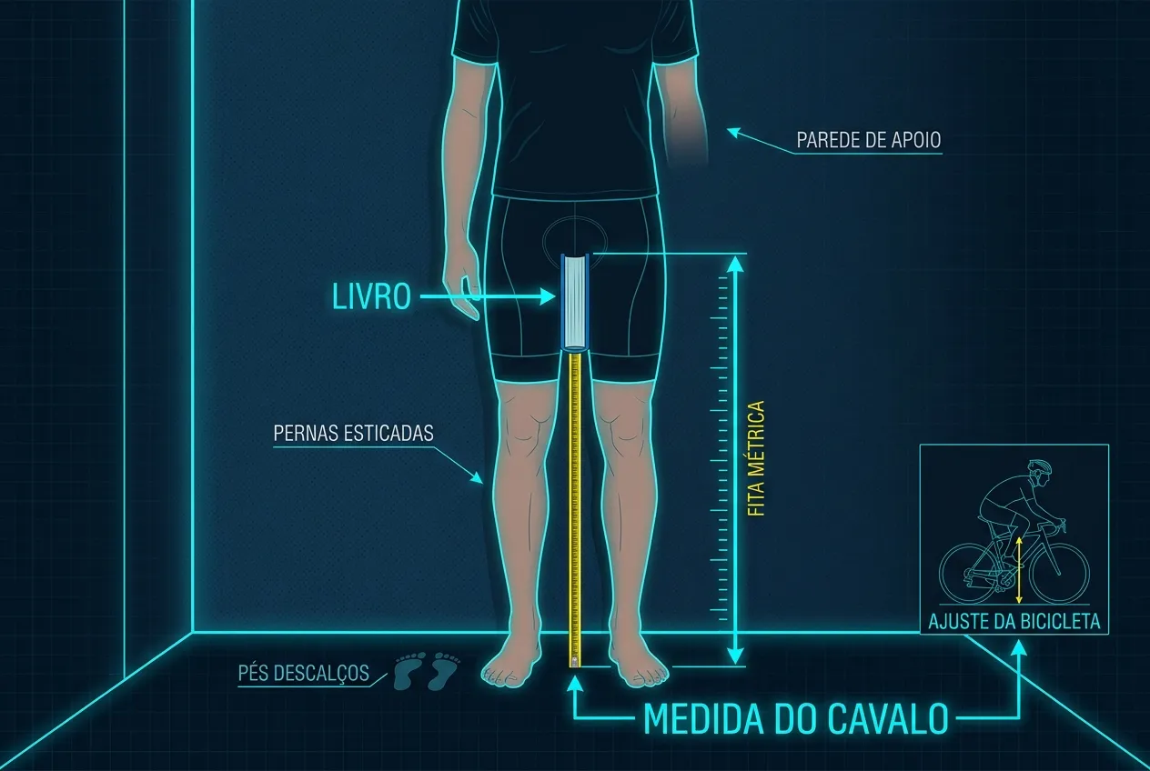 Ilustração instrutiva em português mostrando como medir o cavalo para ajuste da bicicleta, utilizando um livro entre as pernas e uma fita métrica até o chão.