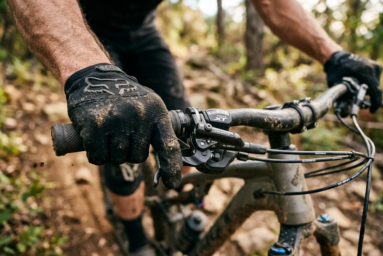 Detalhe das mãos de um ciclista operando os trocadores de marcha de uma bicicleta aro 29, demonstrando a interação com os controles no guidão.