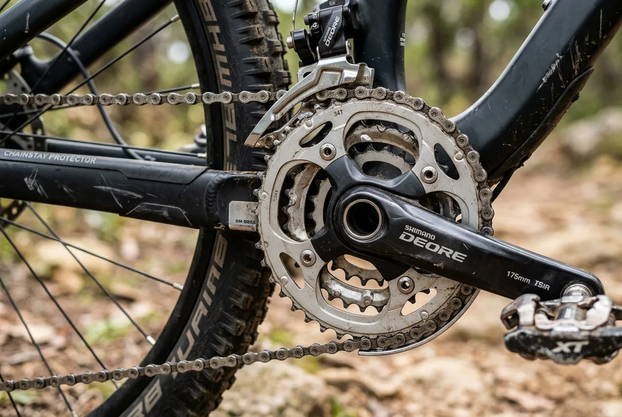 Visão aproximada das coroas dianteiras e da corrente de uma bicicleta, com foco no mecanismo de tração perto dos pedais.