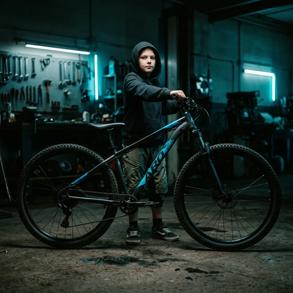 Criança de aproximadamente 12 anos de idade posando confiante ao lado da sua mountain bike aro 29.