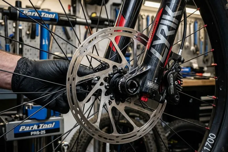 Encaixe da roda dianteira da bicicleta no garfo de suspensão