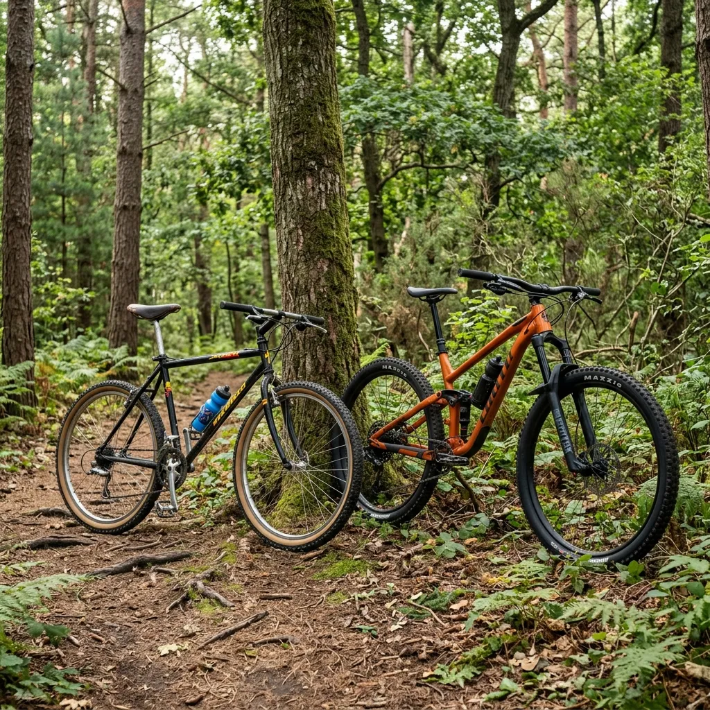 Comparação histórica entre bicicleta aro 26 clássica e aro 29 moderna Imagem realista de uma bicicleta de montanha clássica aro 26 ao lado de uma moderna aro 29 em uma trilha de floresta, mostrando a evolução do design e tamanho das rodas.