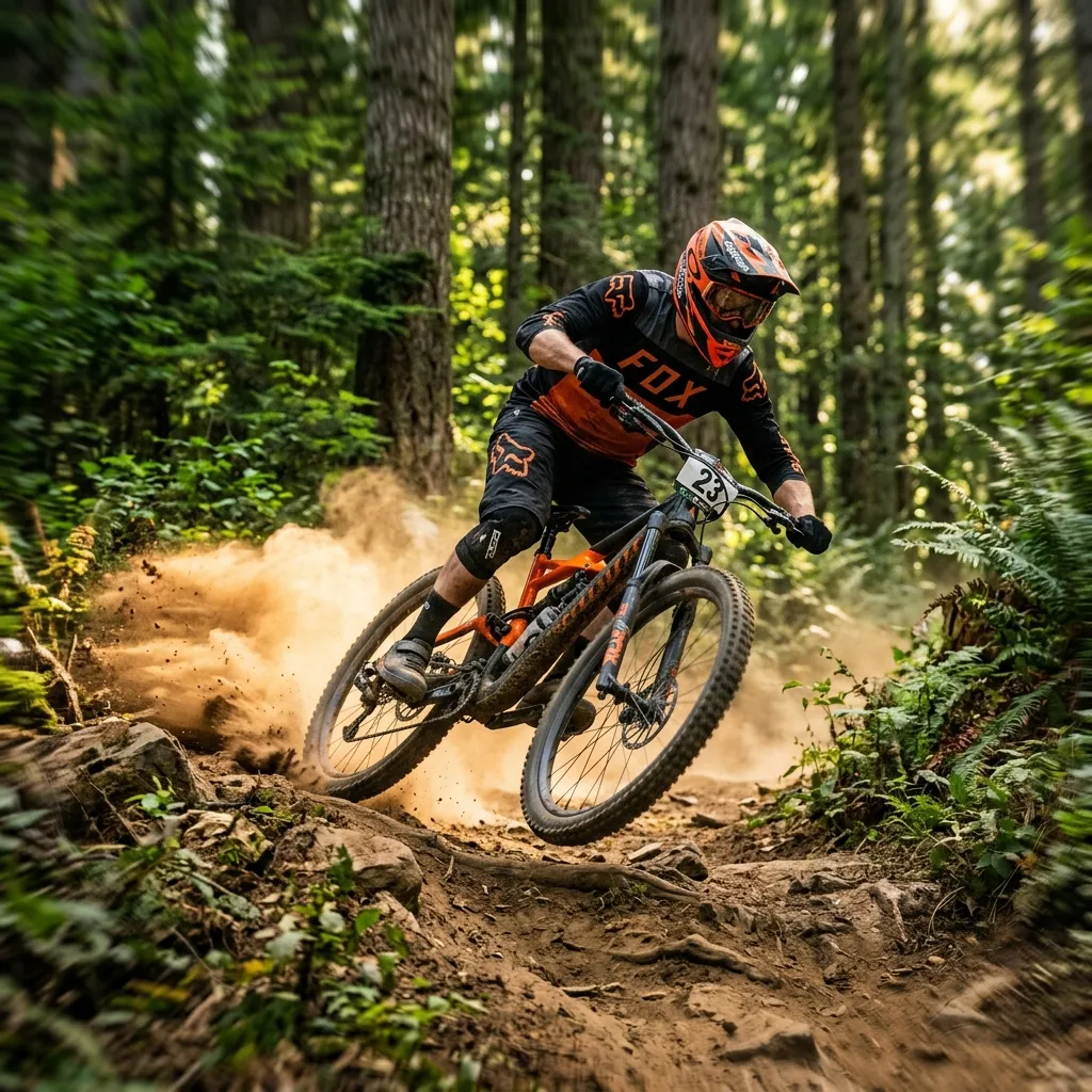 Ciclista de mountain bike em alta velocidade descendo uma trilha na floresta