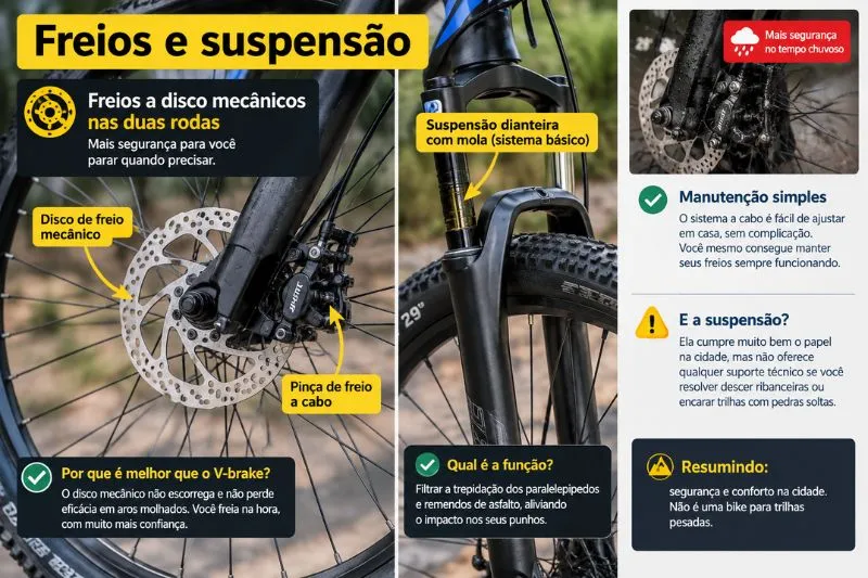 Sistema de freio a disco mecânico e suspensão dianteira da Bicicleta Cripto Aro 29 Sistema de freio a disco mecânico e suspensão dianteira da Bicicleta Cripto Aro 29