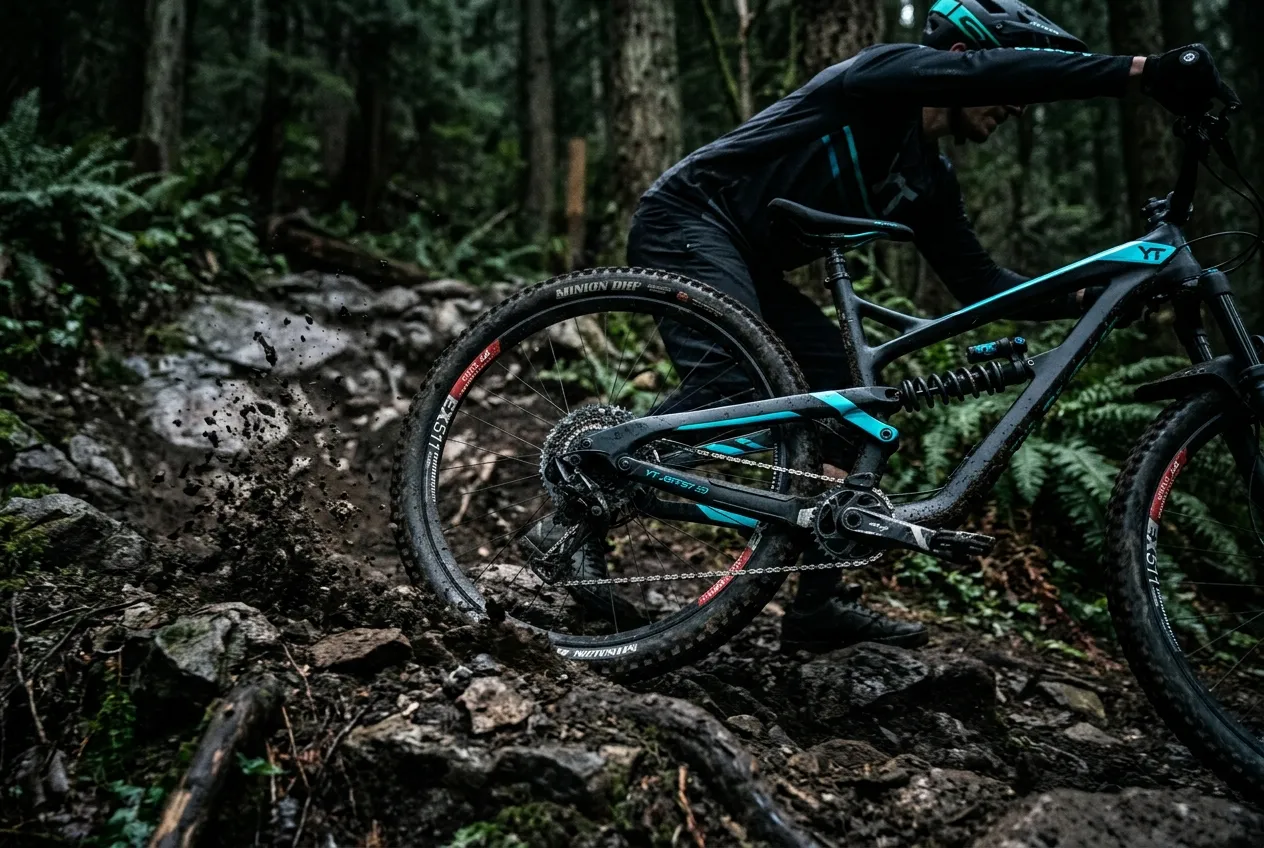 Bicicleta Mountain Bike Full Suspension encarando uma trilha cheia de pedras e obstáculos, destacando o amortecedor traseiro em ação.
