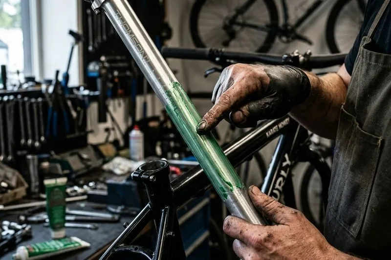 Aplicação de graxa no canote do selim de bicicleta