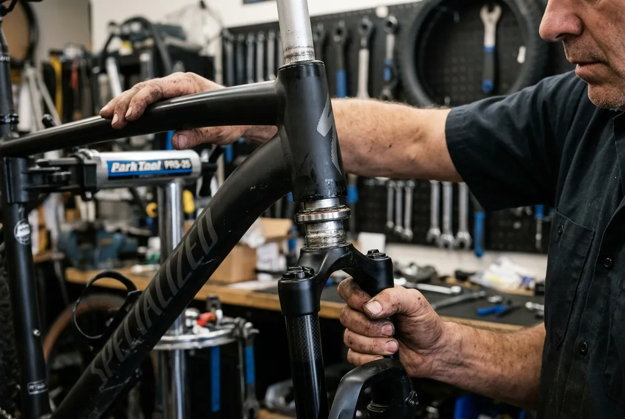 Inserindo o garfo no quadro da bicicleta com os rolamentos de direção perfeitamente visíveis