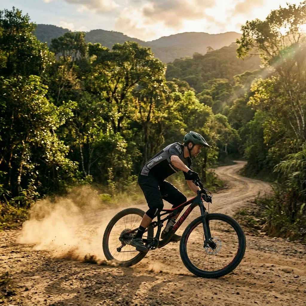 Ciclista pedalando em estradão de terra