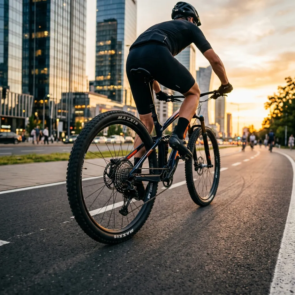 Ciclista pedalando no asfalto com uso urbano