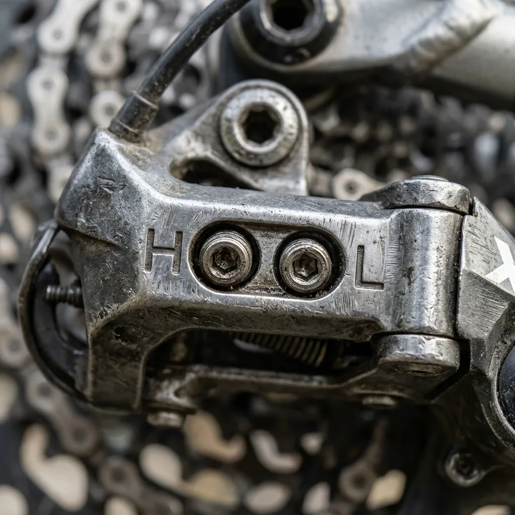 Parafusos de limite H e L do câmbio traseiro Detalhe dos parafusos H e L no corpo do câmbio de bicicleta
