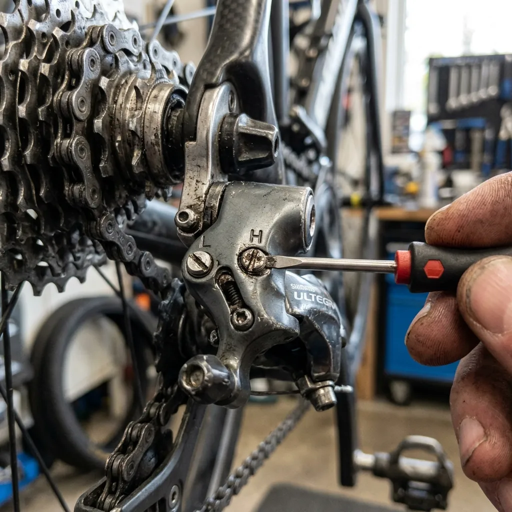 Ajuste dos parafusos de limite H e L Chave ajustando os parafusos limitadores do câmbio traseiro