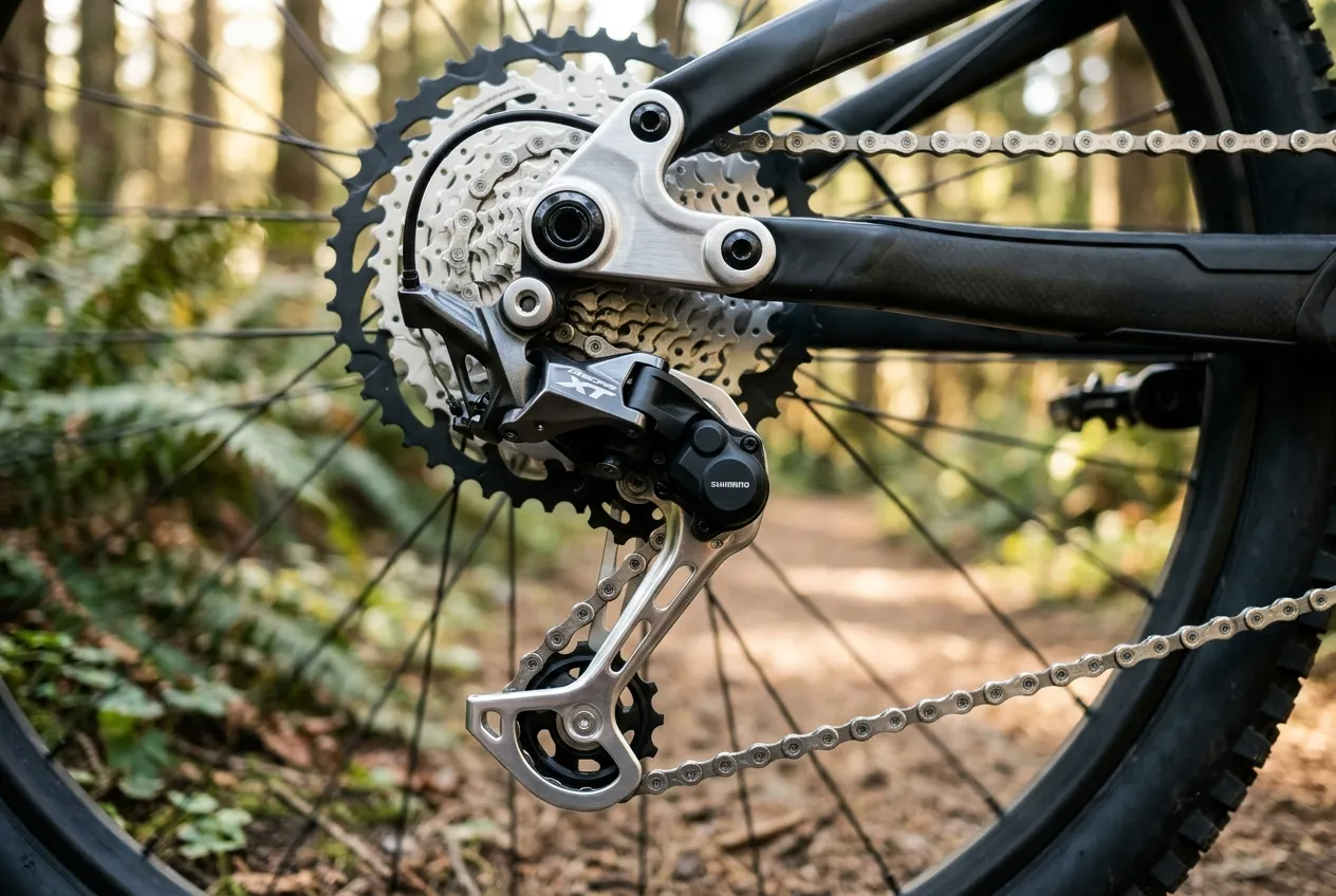 Corrente corretamente passada pelas roldanas do câmbio traseiro de uma mountain bike.