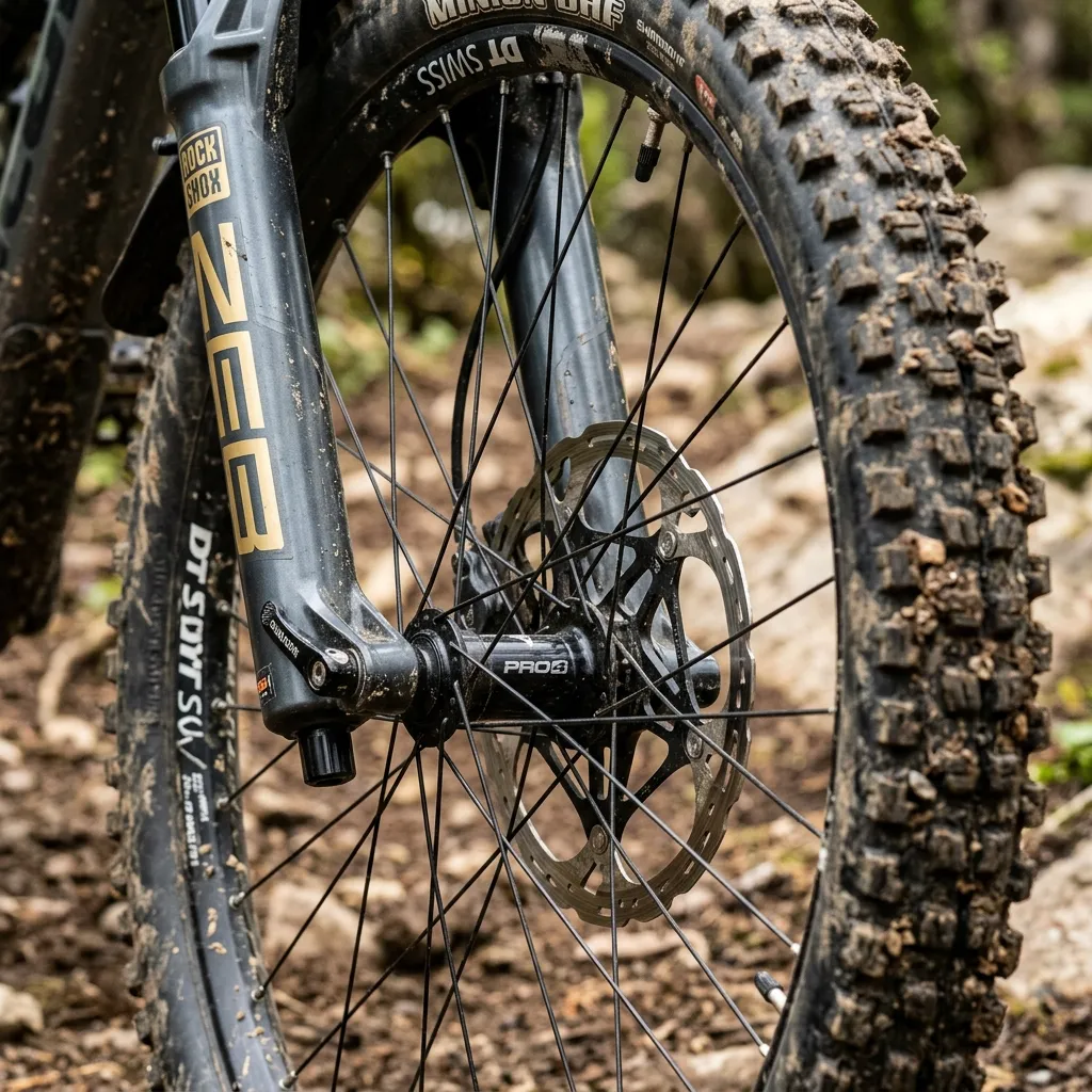 Peças mecânicas específicas que variam de acordo com o tamanho do aro Close-up profissional detalhando as peças mecânicas da roda dianteira de uma bicicleta, incluindo o garfo de suspensão, o disco de freio robusto e os cravos do pneu.