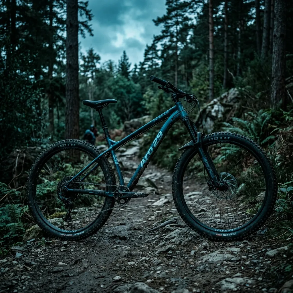 Bicicleta tamanho 17 aro 29 posicionada na trilha, sendo o padrão mais recomendado e versátil para a maioria das estaturas médias.