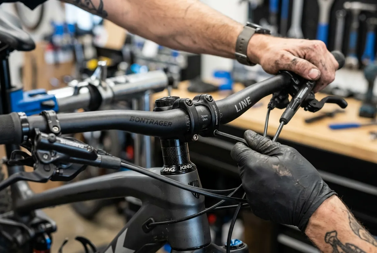 Remoção do guidão e mesa Mecânico usando chave Allen para remover guidão e mesa da bicicleta aro 29