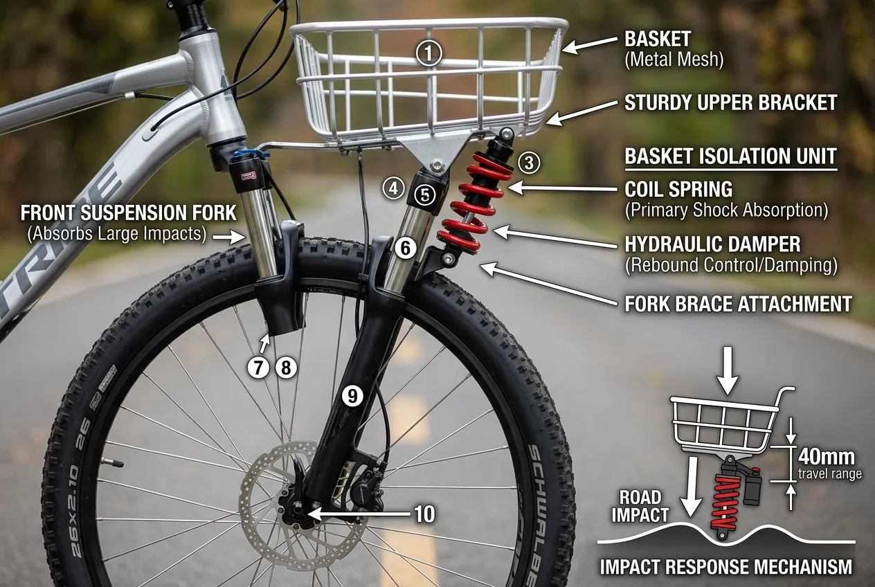 Cestinha com amortecedor para absorver impactos Detalhe do sistema de mola e amortecedor em cesta para bicicleta aro 29