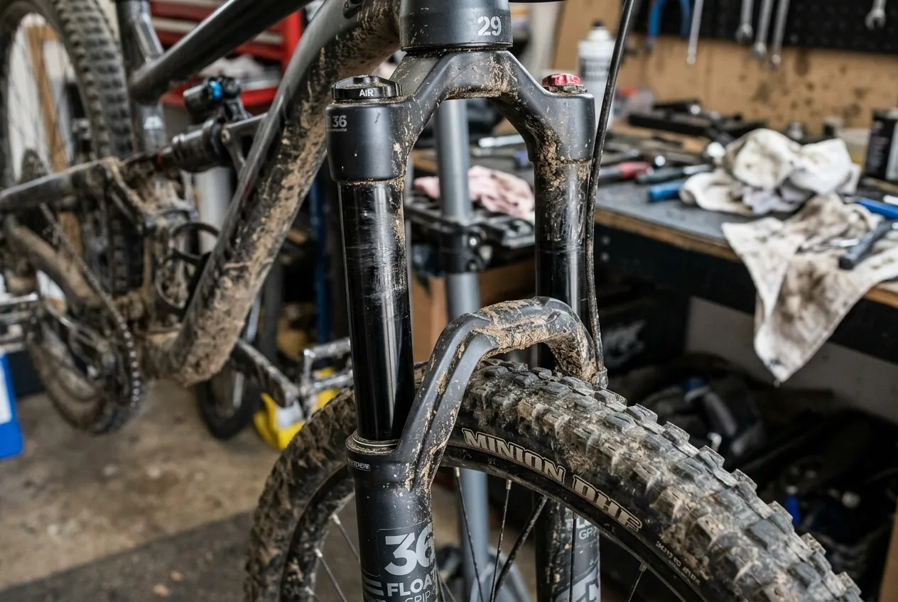 Suspensão de bicicleta aro 29 travada com sinais visíveis de sujeira excessiva e falta de lubrificação nas hastes
