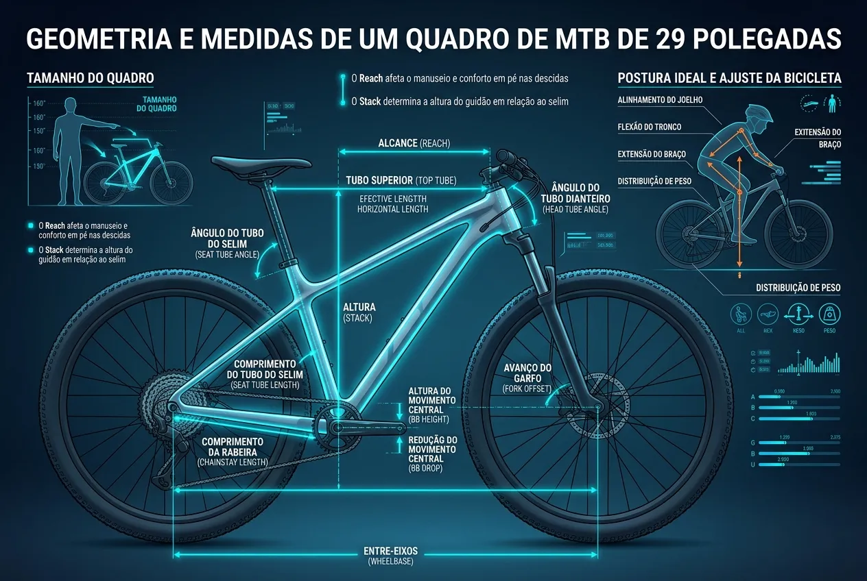 Infográfico completo em português com a tabela de medidas de quadro de bicicleta aro 29, explicando de forma visual como calcular o reach (alcance), stack (altura) e a postura ideal do ciclista para um melhor conforto e desempenho nas trilhas.