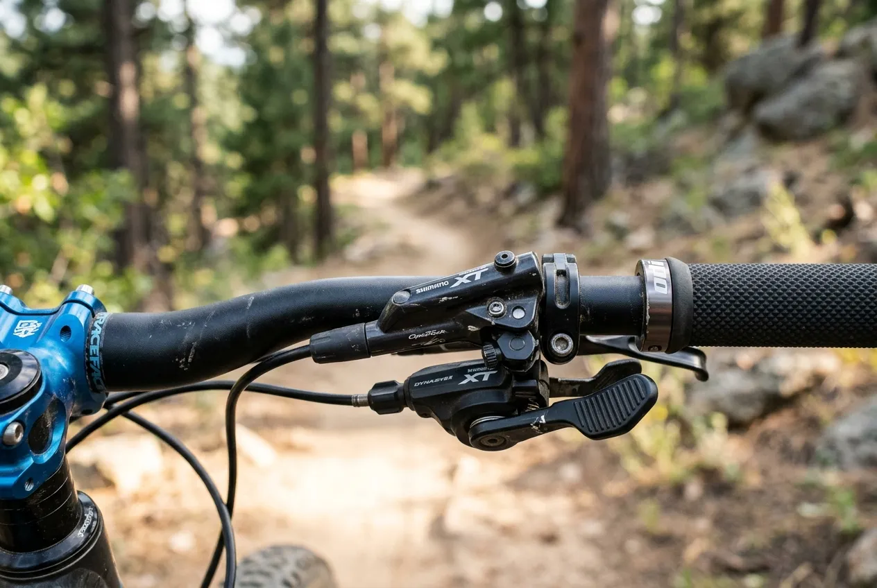 Visão detalhada do guidão de uma mountain bike focando nos trocadores de marcha próximos aos manetes de freio, ilustrando o cockpit que o ciclista precisa dominar.